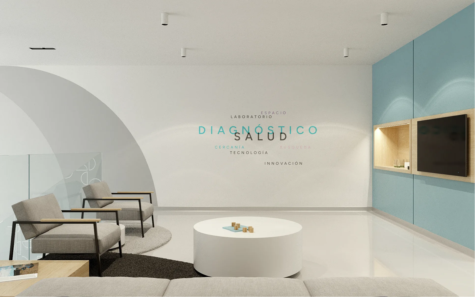 Sala de espera del nuevo espacio de OQQUS: paredes claras, pared turquesa, mobiliario de madera clara y la señalética de marca sobre el muro principal.